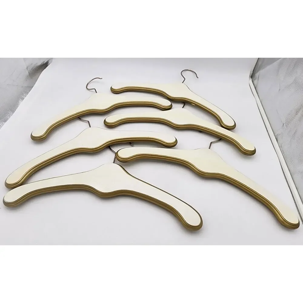 Vtg Lot of 6 Wood Coat Hangers White Gold Hollywood Regency Hotels 1950's